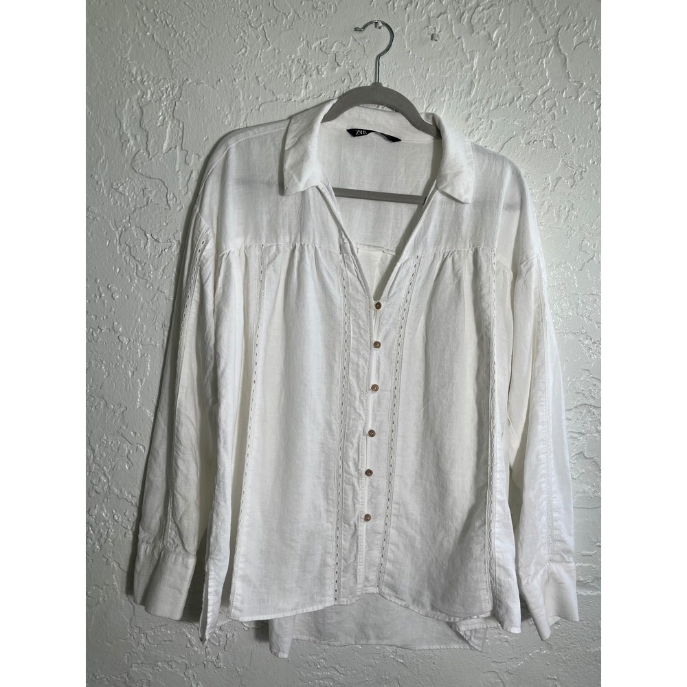 Zara White Ramie Blend Button Front Eyelet Blouse Women's L Linen Look Top
